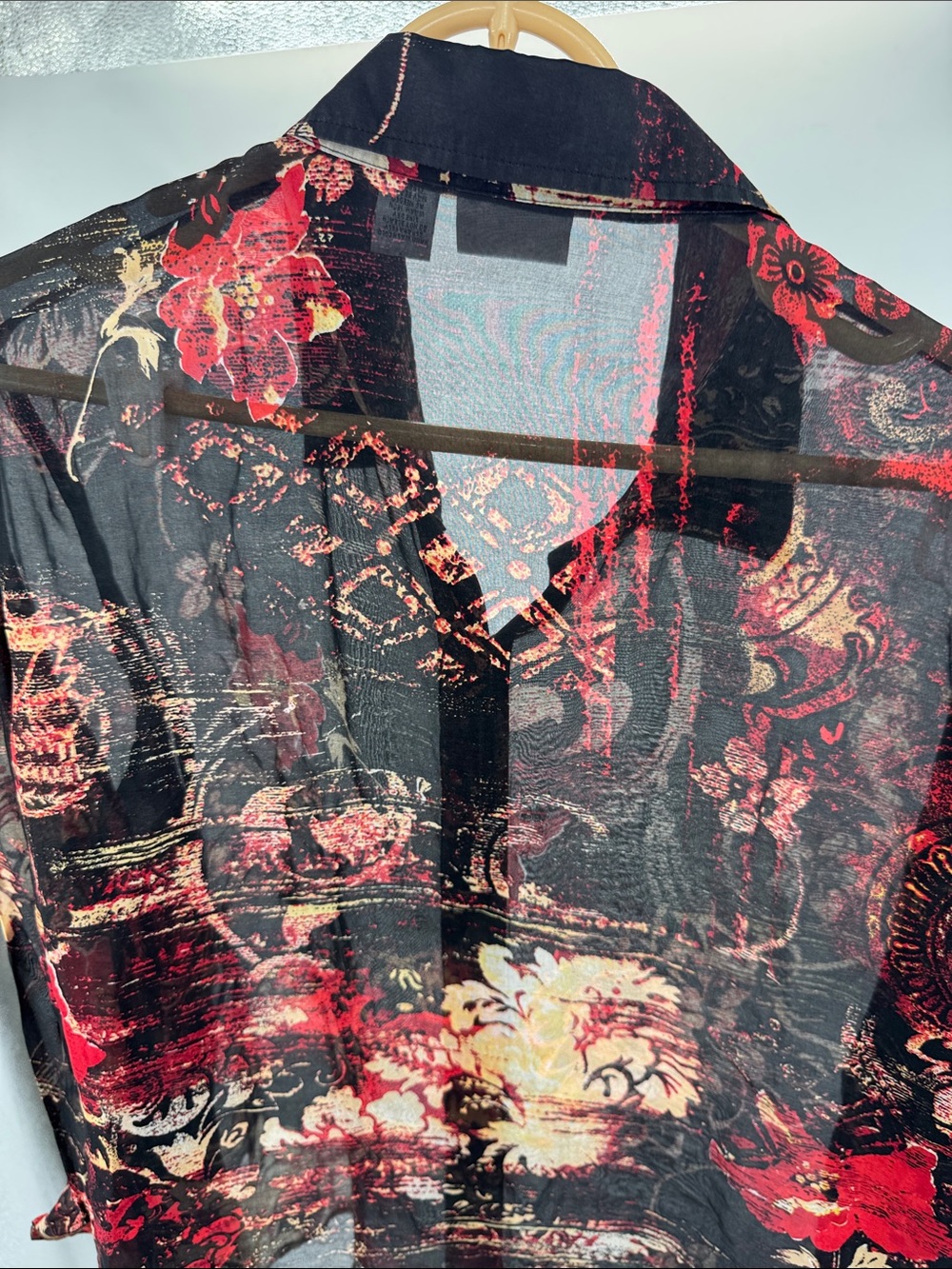 Chico's 100% silk Black Sheer Button up top Red Floral Cream Accents casual work